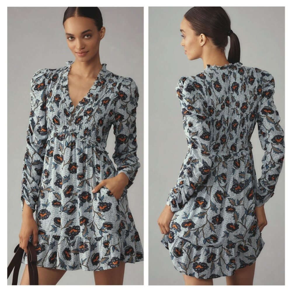 NWT Anthropologie Long-Sleeve V-Neck Ruffle Mini Dress